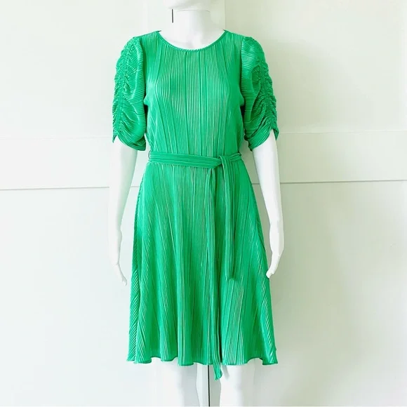 DKNY Satin Pleated Dress Ruched Sleeve Crew Neck Tie-Waist A-Line Pullover Style - Picture 5 of 16